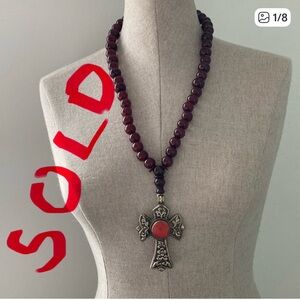Ethnic coral n Silver Large Cross Beaded Necklace